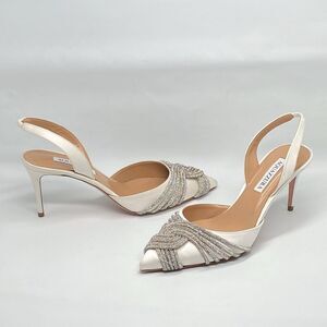 Aquazzura Gatsby 75 Crystal-Embellished Satin Pumps size 37
